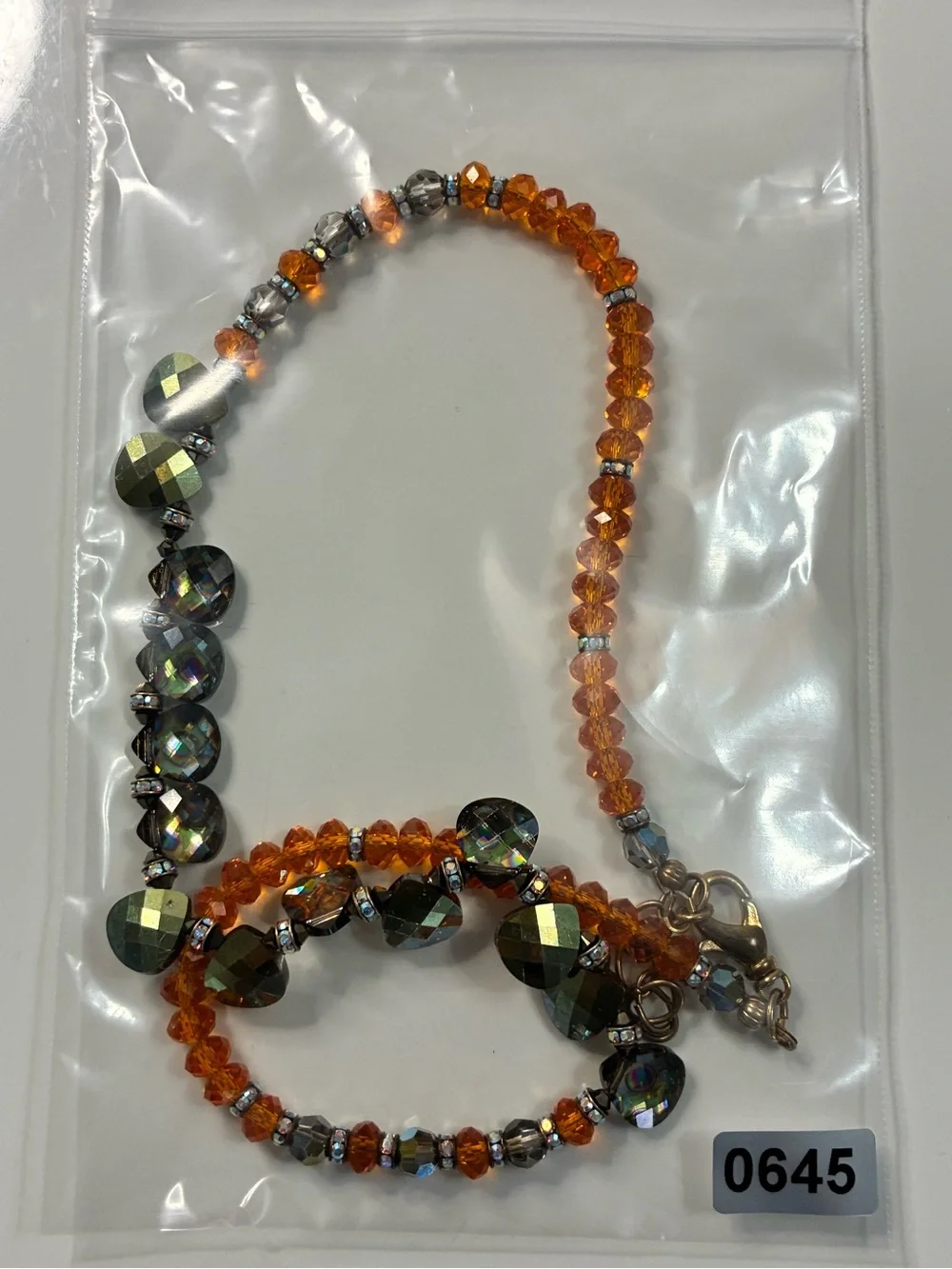 Handmade Iridescent Oil Slick Dew Drop & Orange Faceted Crystal Beaded Necklace